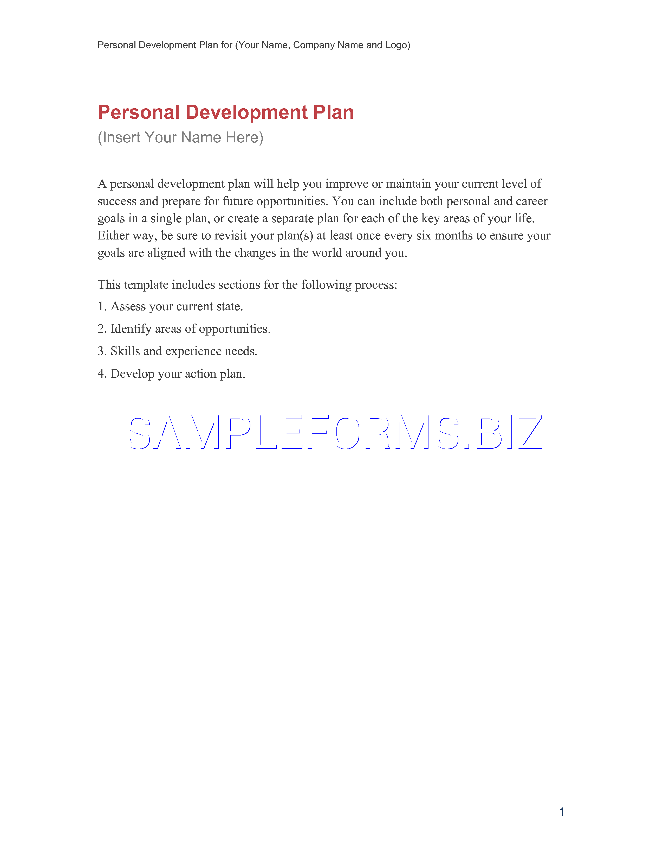 Preview free downloadable Personal Development Plan Sample 1 in PDF (page 1)